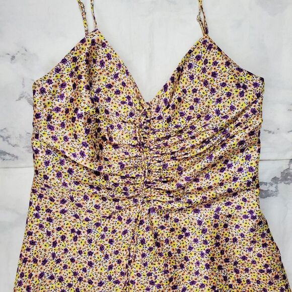 Zara Satin Effect Purple Floral Ruched Mini Slip Dress - Picture 2 of 6